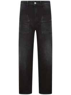 Jean en coton noir délavé à coupe large avec 2 poches et logo en métal