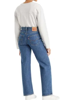 Jean 94 Baggy en coton bleu uni avec coupe droite et surpiqûres orange