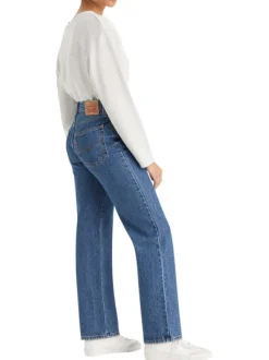 Jean 94 Baggy en coton bleu uni avec coupe droite et surpiqûres orange