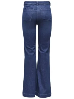 Jean bleu brut uni en coton avec une coupe bootcut et ourlet large