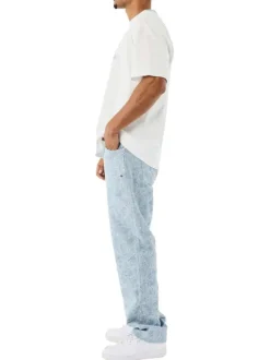 Jean bleu ciel brodé à motif cachemire avec une fermeture zippée