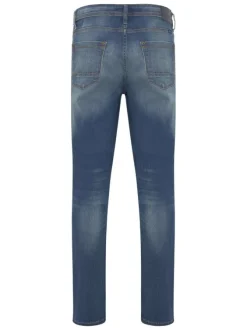 Jean bleu denim effet usé en coton biologique coupe droite à 5 poches