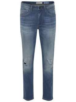 Jean bleu denim effet usé en coton biologique coupe droite à 5 poches