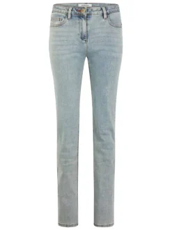 Jean bleu denim uni avec fermeture bouton et zip et poches plaquées