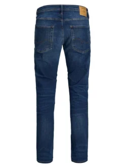 Jean bleu délavé avec une coupe droite et une fermeture zippée boutonnée