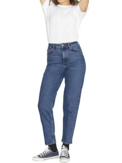 Jean bleu en coton biologique uni coupe mom avec surpiqûres