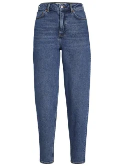 Jean bleu en coton biologique uni coupe mom avec surpiqûres