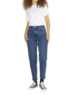 Jean bleu en coton biologique uni coupe mom avec surpiqûres