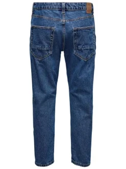 Jean bleu en coton coupe régular avec surpiqûres claires