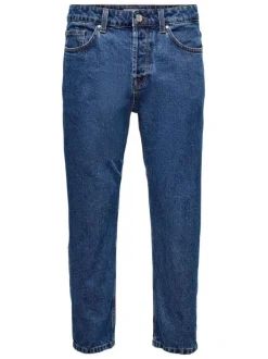 Jean bleu en coton coupe régular avec surpiqûres claires