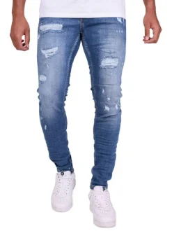 Jean bleu en coton effet délavé avec une coupe slim et une taille Intermédiaire