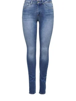 Jean bleu femme avec une coupe skinny effet délavé et un patch d'authenticité