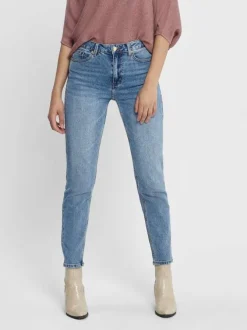 Jean bleu femme avec une coupe skinny uni et un patch d'authenticité