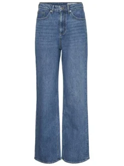 Jean bleu indigo délavé avec une coupe bootcut et une taille haute