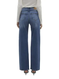 Jean bleu indigo délavé avec une coupe bootcut et une taille haute