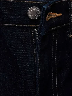 Jean bleu marine en coton à coupe droite, taille haute avec surpiqûres marron