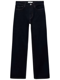 Jean bleu marine en coton à coupe droite, taille haute avec surpiqûres marron