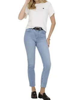 Jean bleu stone uni avec une coupe slim et un zip et un bouton
