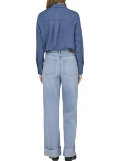 Jean bleu uni en coton avec une coupe wide leg et une ceinture