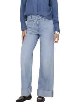 Jean bleu uni en coton avec une coupe wide leg et une ceinture