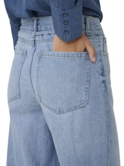 Jean bleu uni en coton avec une coupe wide leg et une ceinture