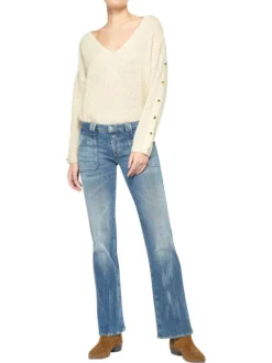 Jean bootcut travaillé en coton stretch bleu délavé à pierres turquoises et jambes évasées