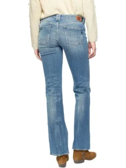 Jean bootcut travaillé en coton stretch bleu délavé à pierres turquoises et jambes évasées
