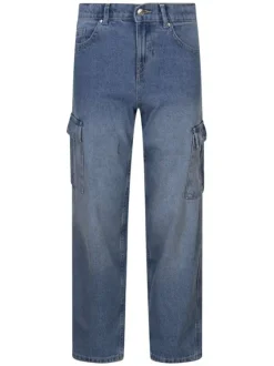 Jean cargo en coton délavé taille haute avec une coupe bootcut