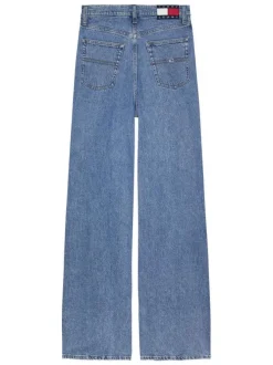 Jean Claire bleu en coton avec une coupe droite et des passants pour ceinture