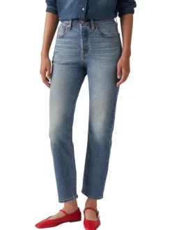 Jean 501® Crop bleu en coton à coupe droite avec un patch de la marque