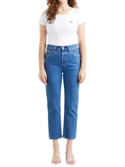 Jean 501® Crop bleu en coton uni avec une coupe régular