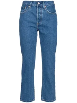 Jean 501® Crop bleu en coton uni avec une coupe régular