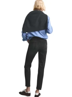 Jean 7/8 en coton anthracite uni avec une coupe mom et une taille haute