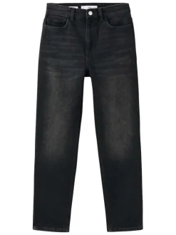 Jean 7/8 en coton anthracite uni avec une coupe mom et une taille haute