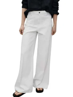 Jean en coton blanc uni à coupe large avec des poches plaquées à l'avant