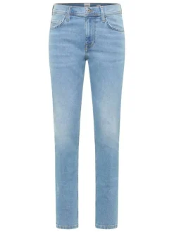 Jean en coton bleu ciel délavé avec une coupe slim et 5 poches