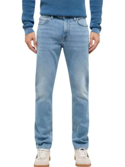 Jean en coton bleu ciel délavé avec une coupe slim et 5 poches