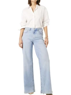 Jean en coton bleu ciel uni pourvu d'une coupe bootcut et d'une taille haute