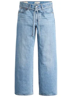Jean en coton bleu clair uni avec une coupe bootcut et une ceinture amovible