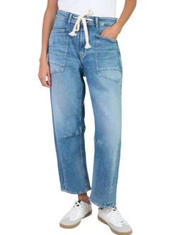 Jean en coton bleu à coupe droite pourvu d'un cordon de serrage à la taille