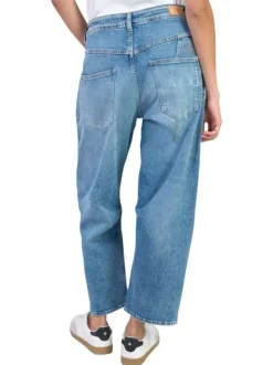Jean en coton bleu à coupe droite pourvu d'un cordon de serrage à la taille