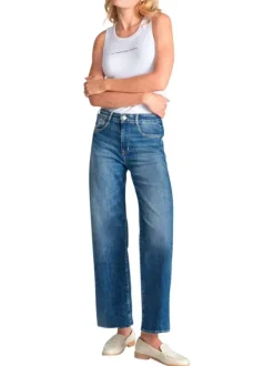 Jean en coton bleu coupe wide leg pourvu d'une fermeture par zip et bouton