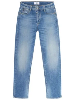 Jean en coton bleu délavé aux cuisses avec une coupe mom et une taille haute