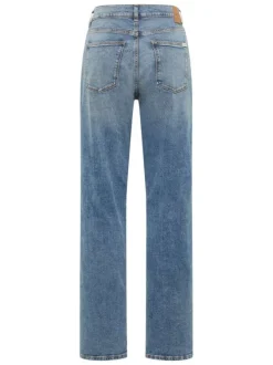 Jean en coton bleu délavé avec une coupe droite un jacron beige embossé