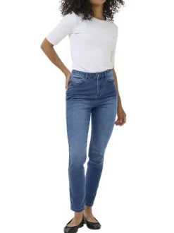 Jean en coton bleu indigo délavé avec une coupe slim et 5 poches