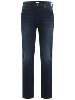Jean en coton bleu indigo délavé avec une taille mi-haute et une coupe slim