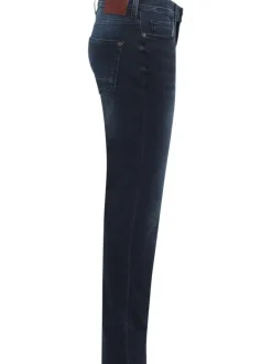 Jean en coton bleu indigo délavé avec une taille mi-haute et une coupe slim