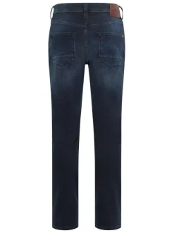 Jean en coton bleu indigo délavé avec une taille mi-haute et une coupe slim