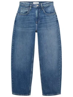 Jean en coton bleu indigo légèrement délavé à coupe barrel et taille haute