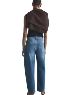 Jean en coton bleu indigo légèrement délavé à coupe barrel et taille haute